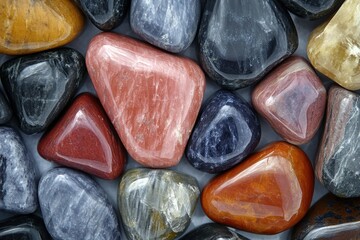 Naklejka premium A collection of polished gemstones in various colors and shapes, showcasing natural beauty.