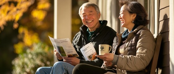 Joyful Seniors Enjoying a Cozy Autumn Morning on the Porch, Sharing Laughter and Warm Drinks with Newspapers in Hand, Surrounded by Nature