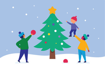 Fototapeta premium Kids Decorating a Snowy Christmas Tree with Ornaments - Festive Winter Fun