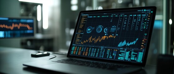 Modern laptop displaying intricate data analytics and financial graphs in a dimly lit office, showcasing advanced technology and data visualization.