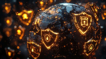 A globe surrounded by glowing cybersecurity shields, representing global data protection and privacy efforts
