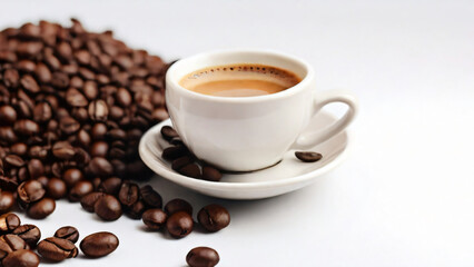 Fototapeta premium A steaming cup of coffee surrounded by scattered coffee beans.