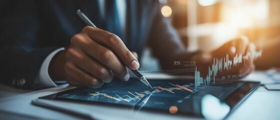 Professional businessman analyzing stock market trends on a digital tablet, with dynamic graphs and data visualization in a modern office setting.
