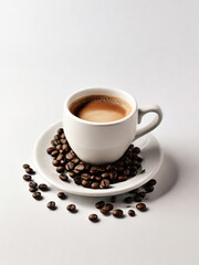 Fototapeta premium A steaming cup of coffee surrounded by scattered coffee beans.