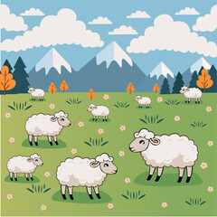 Cute little sheep cartoon characters design. Colorful detailed vector Illustrations with mountains and grass and sheeps.
