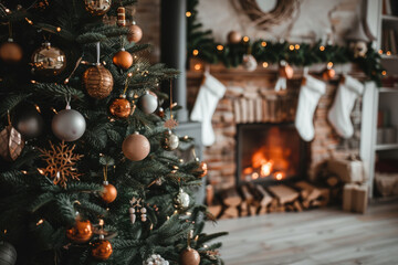 Naklejka premium Close up Christmas tree decorated with balls in a living room. Modern cosy interior.