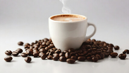 A steaming cup of coffee surrounded by scattered coffee beans.