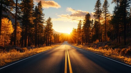Fototapeta premium Scenic Forest Road at Sunset with Golden Light