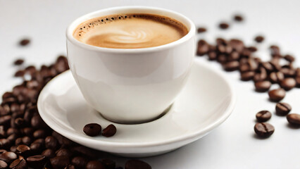 Obraz premium A steaming cup of coffee surrounded by scattered coffee beans.