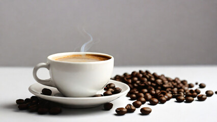 Fototapeta premium A steaming cup of coffee surrounded by scattered coffee beans.