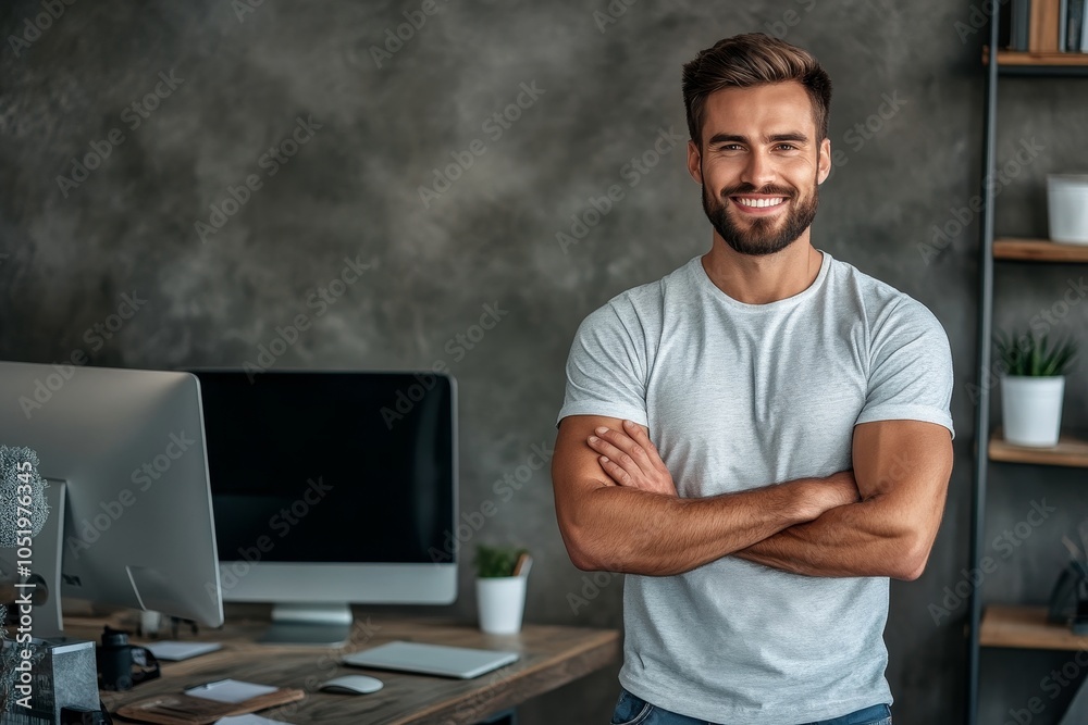 Wall mural the image depicts a successful software engineer standing at his desk smiling with his arms folded. 