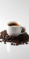 Obraz premium A steaming cup of coffee surrounded by scattered coffee beans.