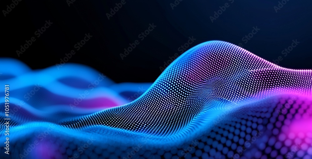 Poster An abstract dot point connected by a gradient line, an intricate waveline design representing internationalization, social networking, or business technologies which connect data.