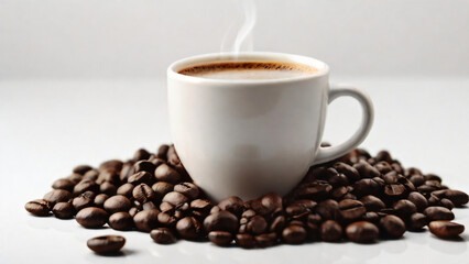 A steaming cup of coffee surrounded by scattered coffee beans.