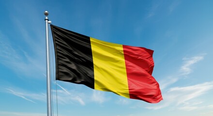 Belgian national flag waving against a clear blue sky.