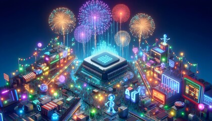 Obraz premium A 3d rendered digital festival where chips and circuit boards celebrate with glowing lights and data fireworks. AI components 
