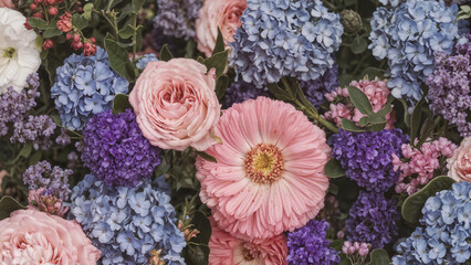 Flower background with roses and hydrangeas in vibrant pink and blue tones