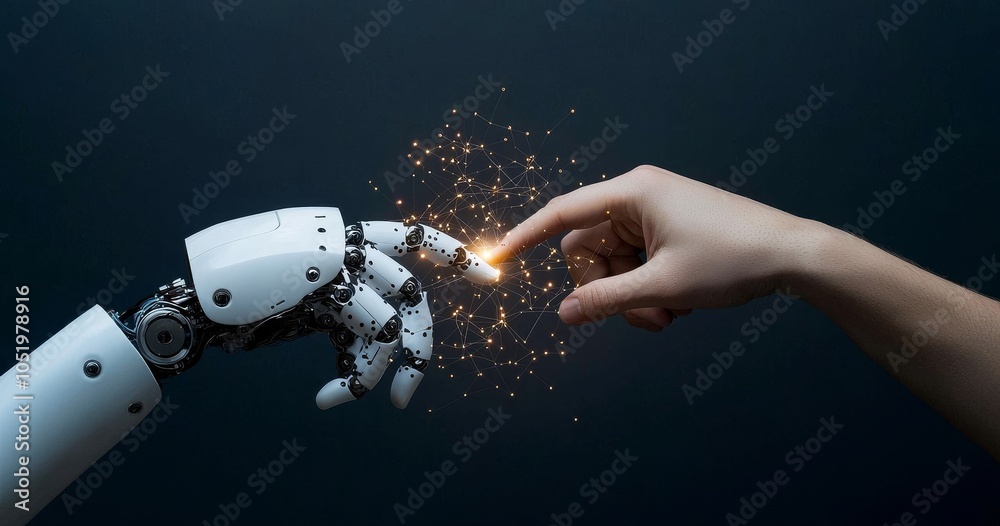Aufkleber machine learning, ai, robotics and people touching big data networks, stock technology innovations a