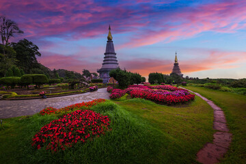 Doi Inthanon national park in winter in sunset of Thailand. Pagoda on Inthanon national park at Chiang mai, Thailand.