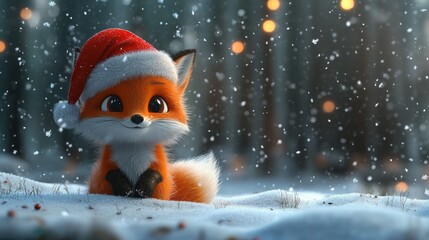 Cute fox in 3D cartoon snow