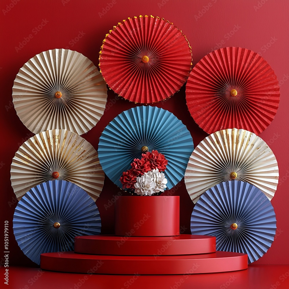 Aufkleber a 3d illustration of a podium display mockup background with hand paper fans, gong xi fa cai, and a 