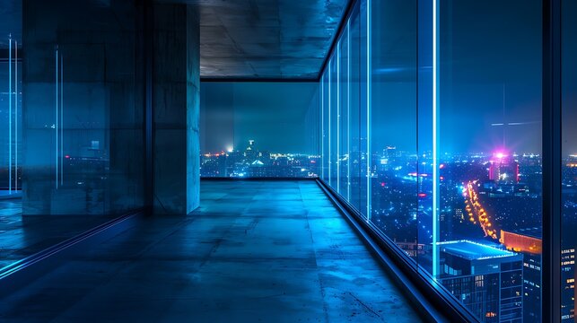 Night cityscape view from window, empty concrete room, neon lights on glass, blue tone, close-up.