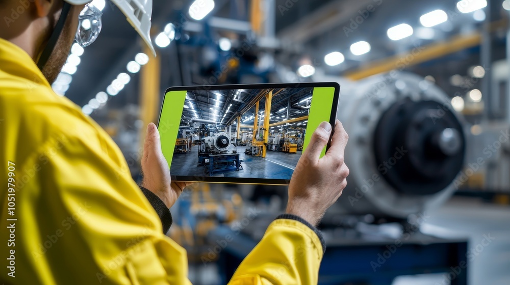 Poster Factory with Industry 4.0: Chief Engineer and Project Supervisor wearing safety vests and hard hats, talking, using digital tablet computers with green screens, using chroma key technology, working
