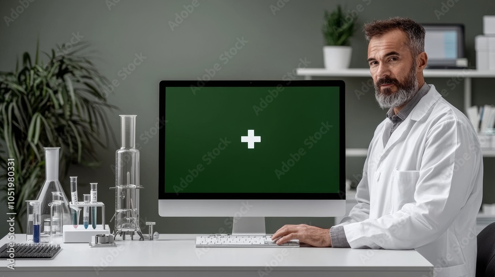 Poster doctor working at pc with green screen in laboratory analysing virus evolution. microbiologists work