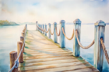 Obraz premium A serene watercolor painting of a wooden dock extending over calm water, surrounded by soft light and nature.