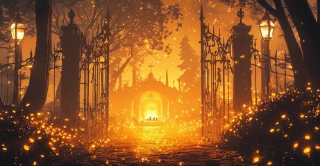 Fototapeta premium Magical glowing gate in an enchanted forest