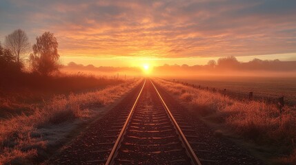 Fototapeta premium Golden sunrise lights up railway tracks stretching across a peaceful morning horizon