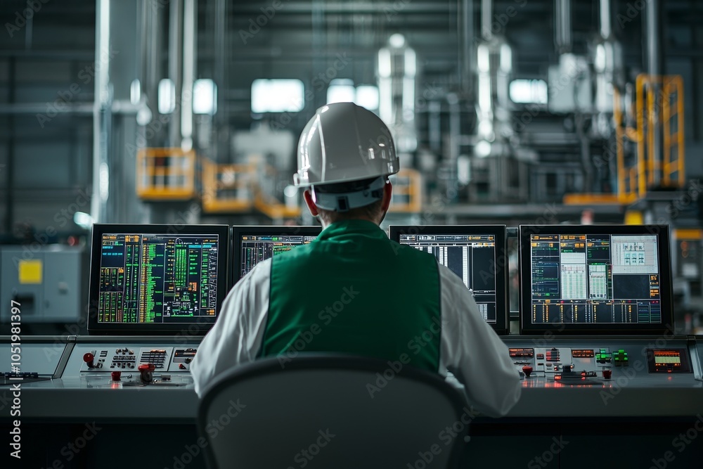 Poster Using Industry 4.0, the main engineer monitors and controls the plant's production process using computer screens and SCADA systems.