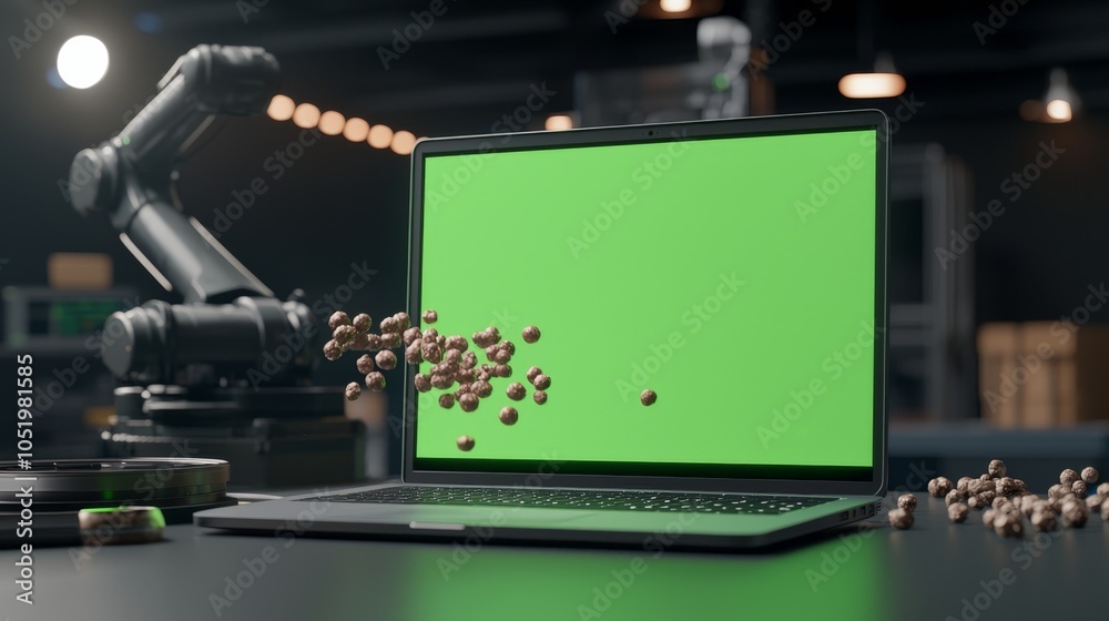 Aufkleber In this Over the Shoulder Shot, an automation engineer is using a laptop computer with a green screen mock up display screen. The robot is holding a microchip. The automation startup is in the