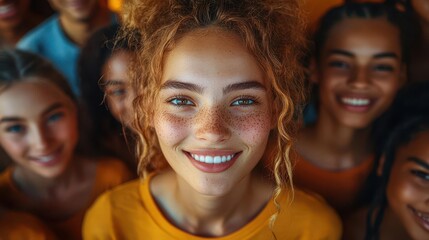 Fototapeta premium aerial view of a large, multi-ethnic group of people, all smiling and looking up at the camera, showcasing diversity and unity in a vibrant setting that fosters a sense of community and belonging