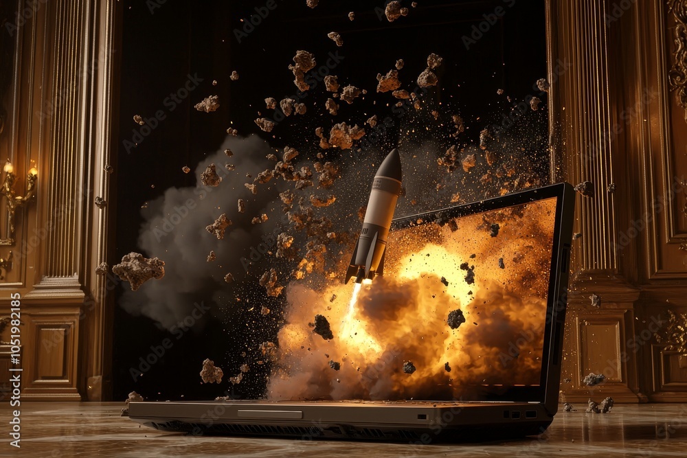 Poster Using a laptop screen to launch a space rocket. Stock image