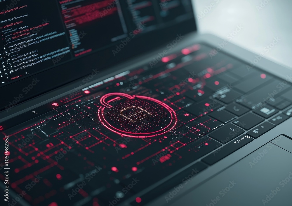 Poster Padlock concept in front of a laptop computer for cyber security and data protection, isolated on white, generative AI