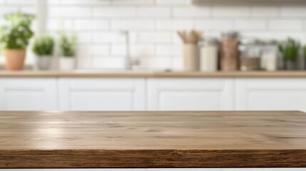 An empty wooden table on a blurred kitchen bench background.