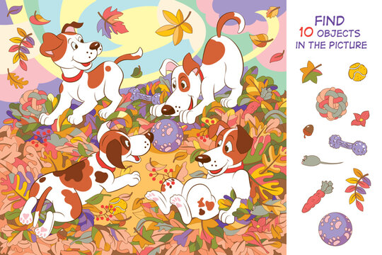 Find 10 objects in the picture. Hidden object puzzle. Funny puppies playing in autumn leaves. Vector illustration. Funny cartoon character