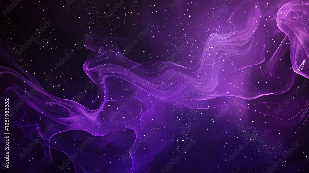 Poster with glowing stars and purple particles, this abstract background is made up of waves of purple part