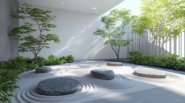 Serene zen garden with balanced elements a peaceful retreat featuring natural stones and lush greenery