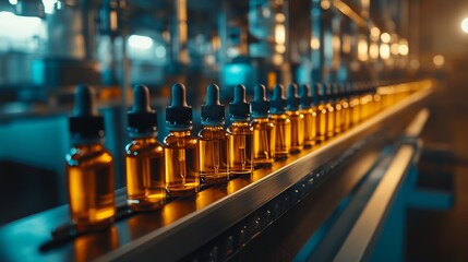 VFTA e-liquid production on a factory floor with various glass bottles on a conveyor belt. AI generated illustration