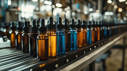 VFTA e-liquid production on a factory floor with various glass bottles on a conveyor belt. AI generated illustration