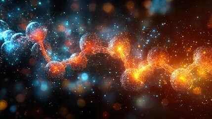 an abstract molecular structure glows with colorful nodes, interconnected and dynamic, capturing the essence of scientific exploration and technological innovation