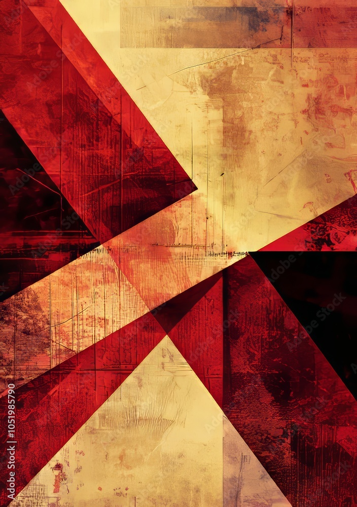 Poster patterned in abstract geometric shapes with red and black accents
