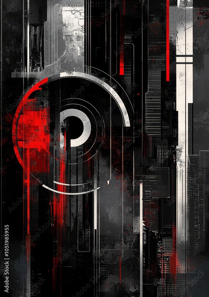 Poster The background is black and red with abstract geometric patterns