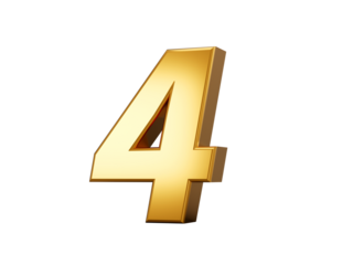 Golden metallic Number 4 Four, White background 3d illustration
