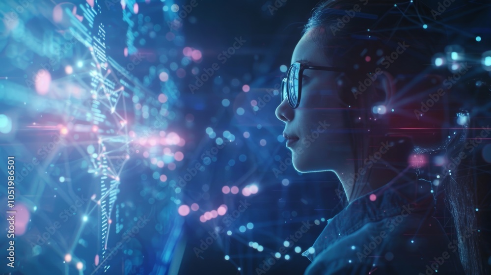Poster software engineer wearing glasses is analyzing data from a futuristic holographic big data interface