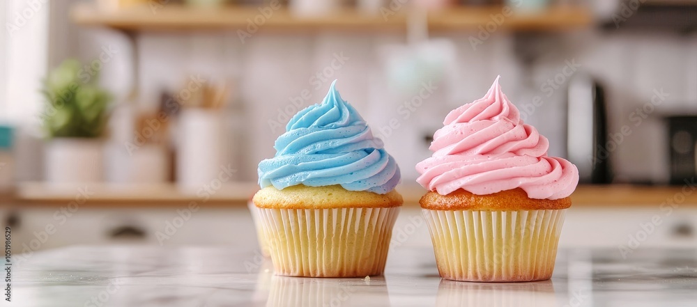 Poster an array of pastel colored icing frosting toppings on white marble counters with a blurry bright con