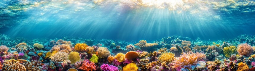 Fototapeta premium Coastal destruction caused by chemical pollution, underwater photography, vibrant colors, highlighting climate change and destruction