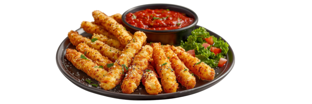 Cheesy breadsticks platter, tangy marinara dip, fresh salad garnish, appetizing savory snack ready to enjoy Isolated on white background or PNG